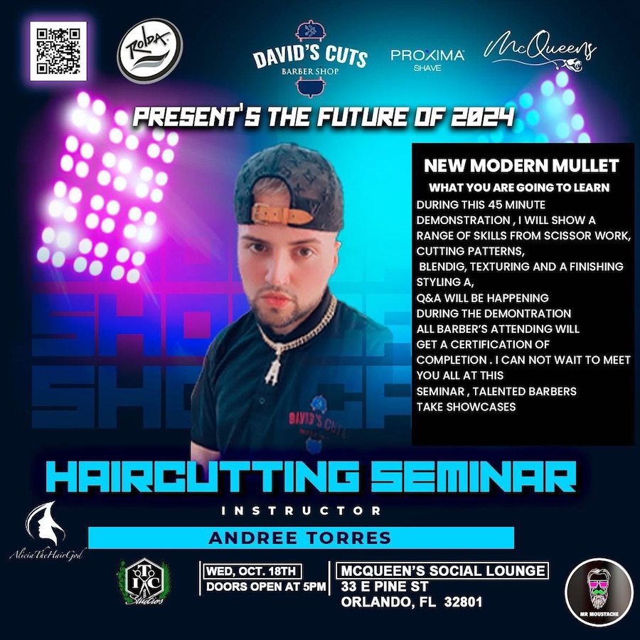 Afiche del Haircutting Seminar en Orlando con Andree Torres como instructor